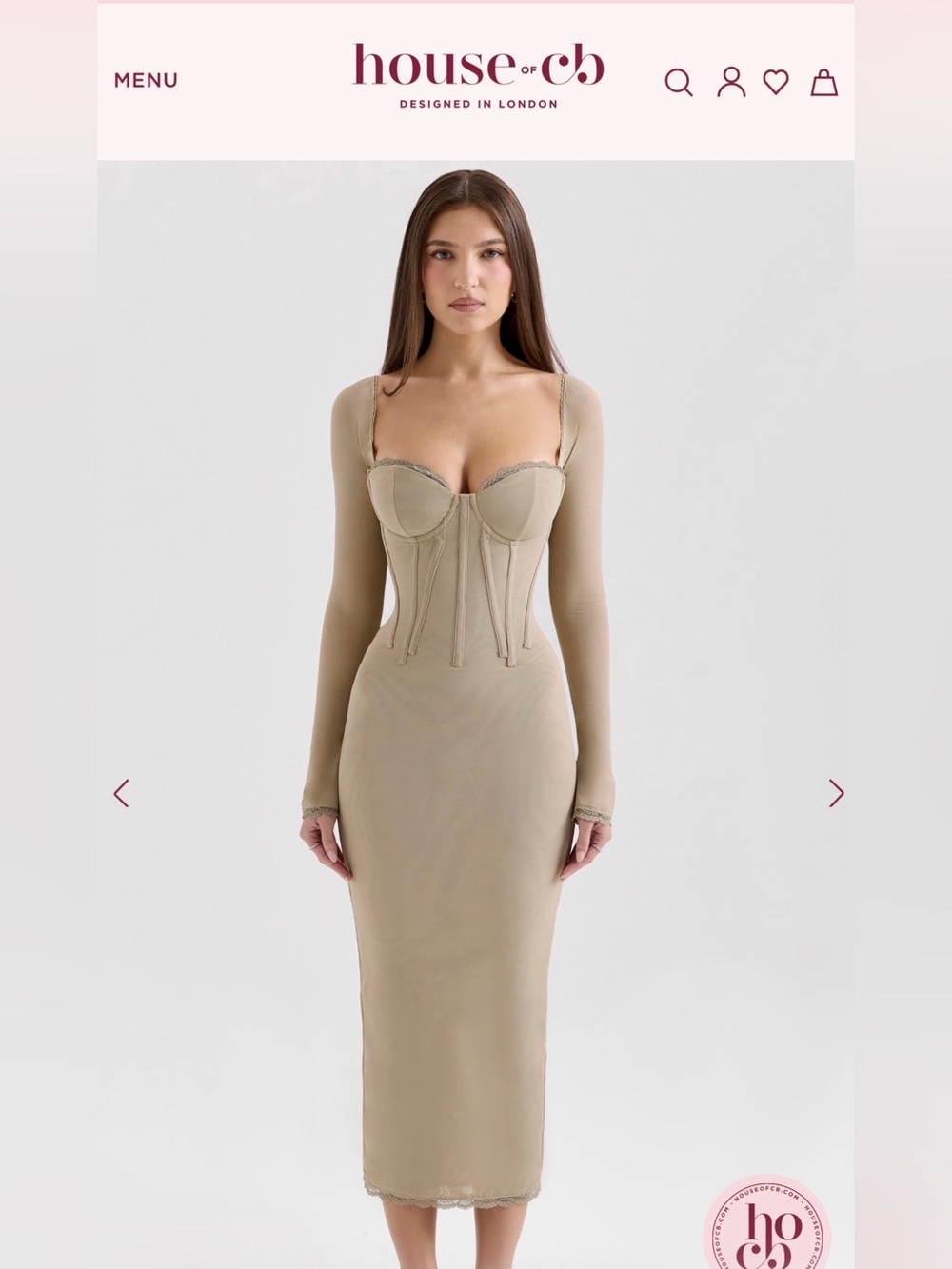 House of CB Taupe Beige Long-Sleeve Corset Midi Dress